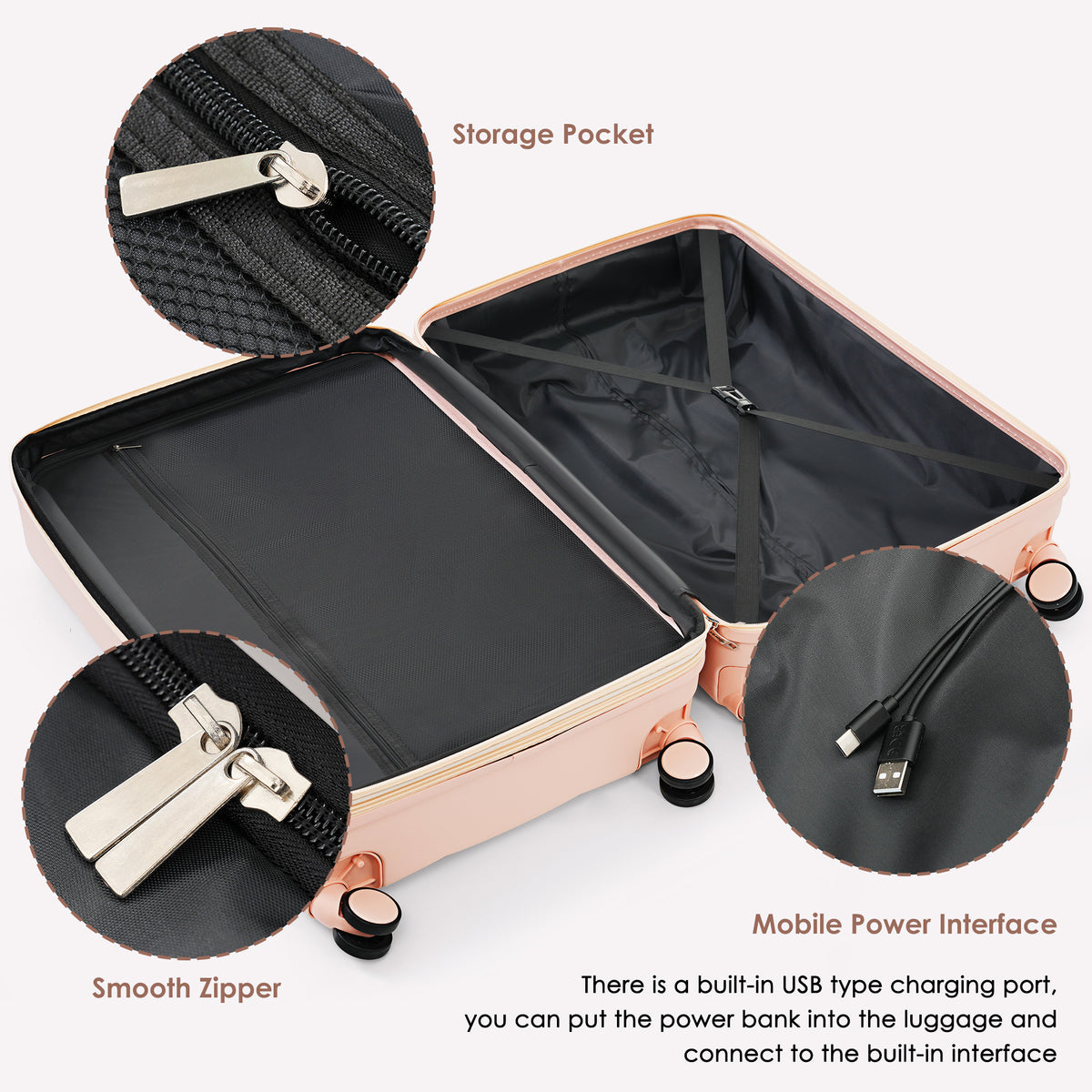 Set de 3 Valises Rigides Rose en ABS – Port USB, Porte-Gobelet et Roulettes 360°