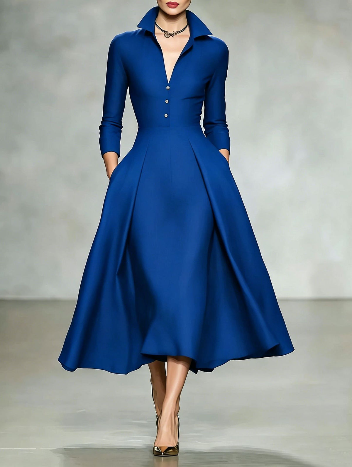 Robe midi à col V et manches longues, taille cintrée