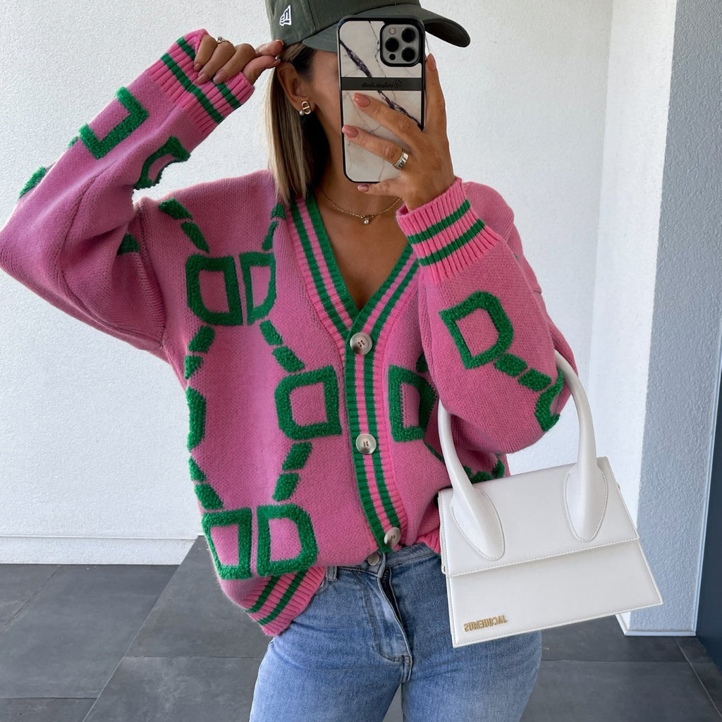Damen-Strickjacke mit V-Ausschnitt, Color-Block, Buchstaben, geknöpft, casual
