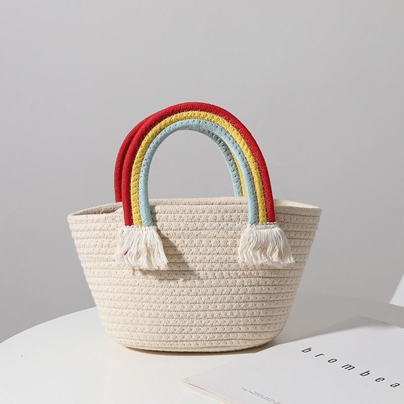 Geflochtene Strandtasche Regenbogen-Wolke – Handgefertigter Baumwollkorb