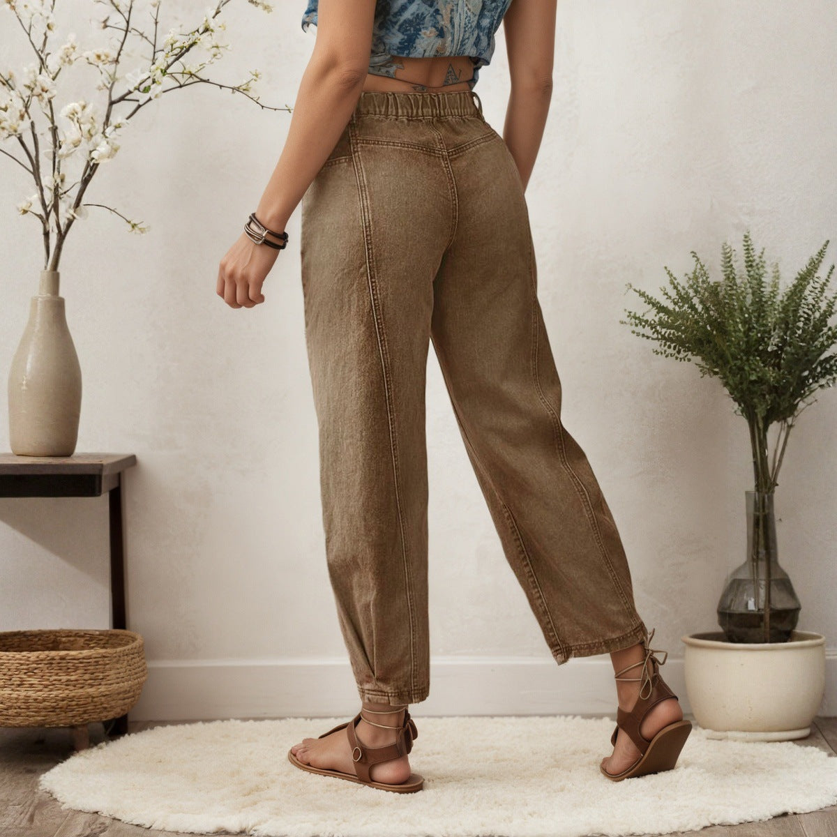 Jean velours côtelé femme taille haute – Coupe large & décontractée, Marron foncé