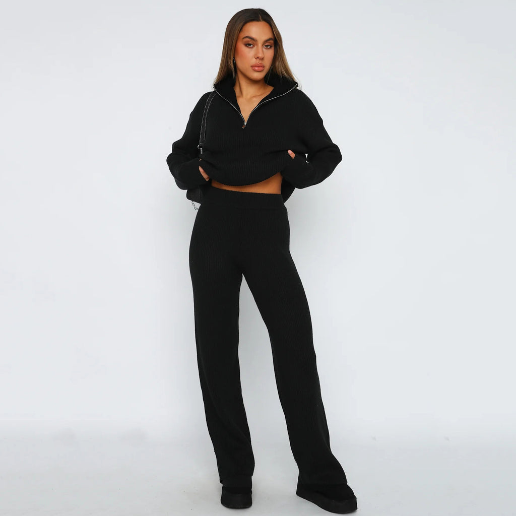 Ensemble 2 pièces femme en maille – Pull col rond manches ballon & pantalon long