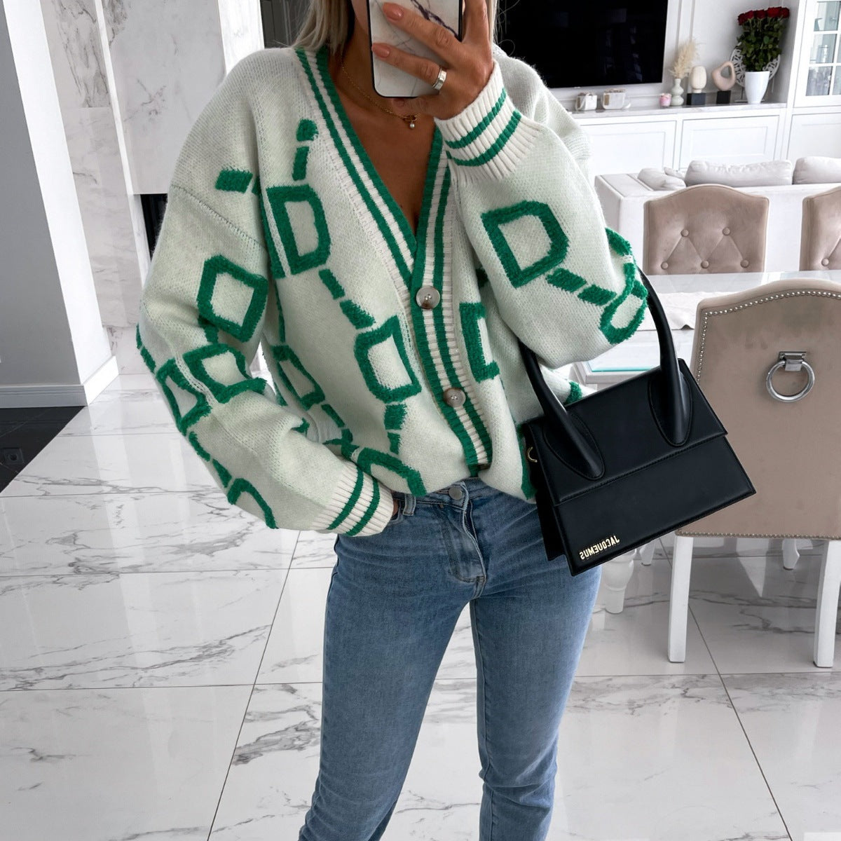 Damen-Strickjacke mit V-Ausschnitt, Color-Block, Buchstaben, geknöpft, casual