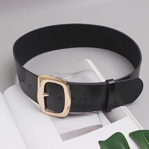 Ceinture large noire femme en croûte de cuir – Boucle dorée