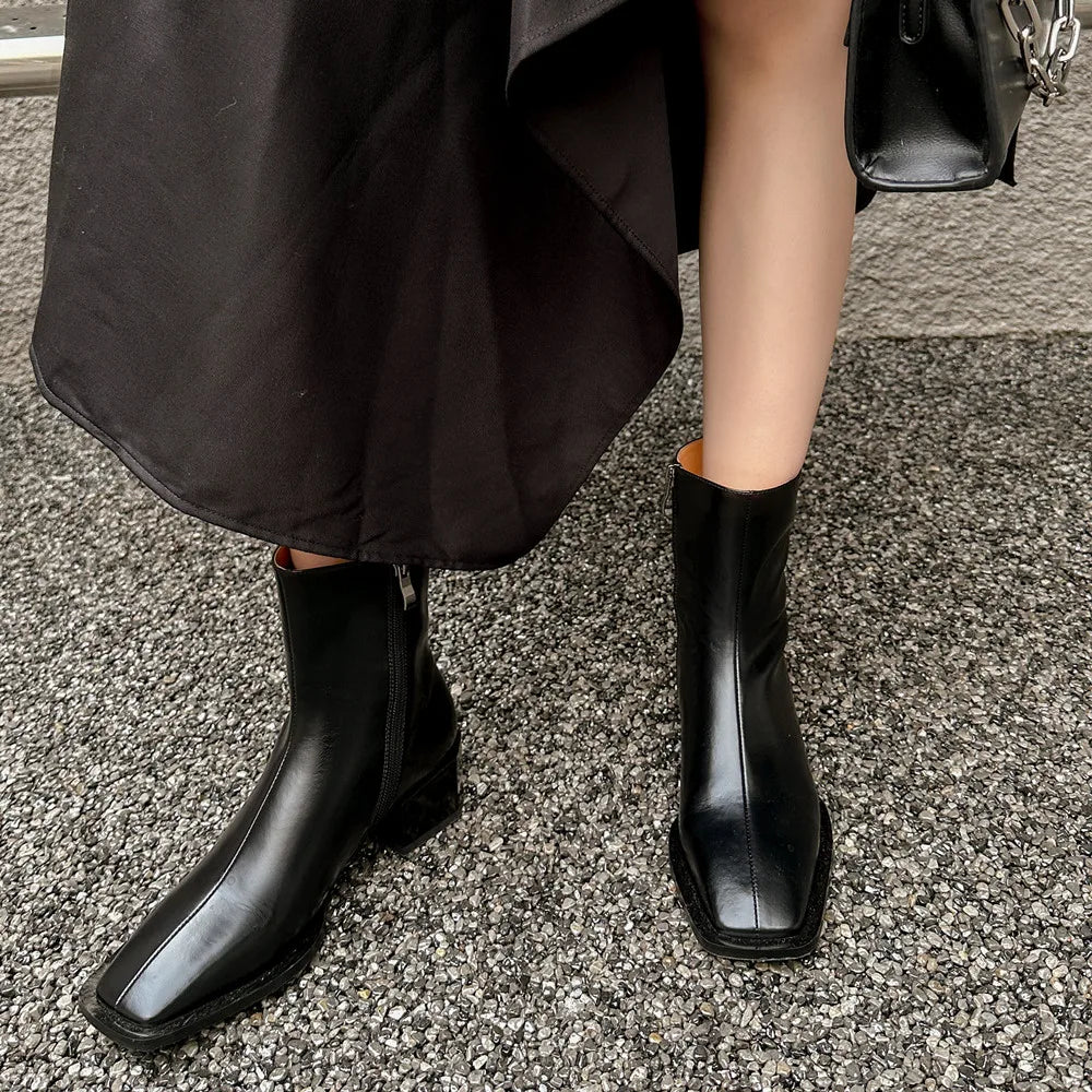 Genuine Leather Women's Ankle Boots – Two-Tone, Zipper Closure, Chic Office Style