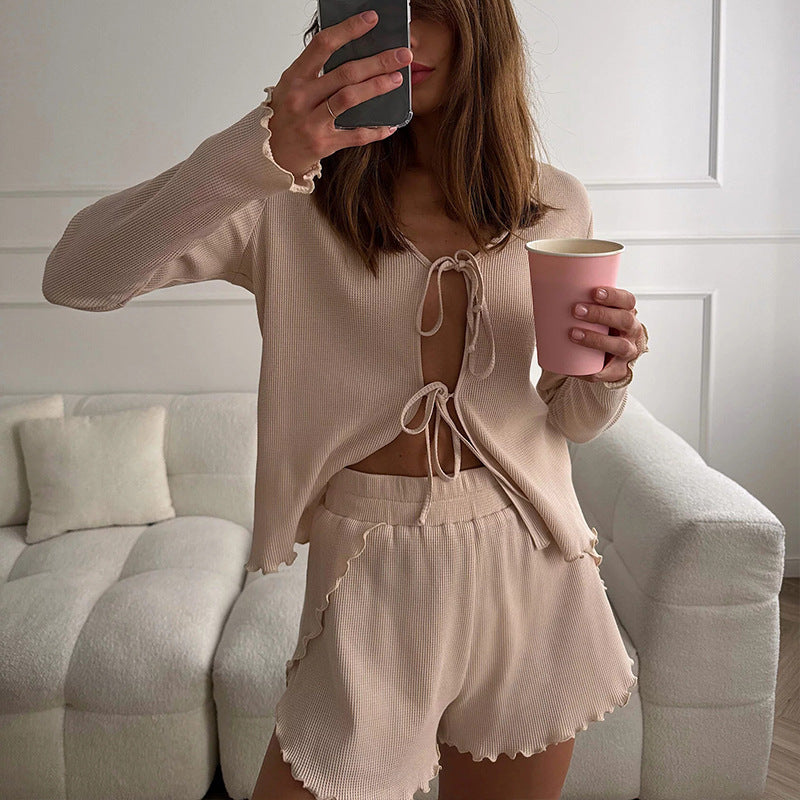 Damen-Zweiteiler – Langarm-Cardigan mit Gürtel & sexy geschlitzte Shorts