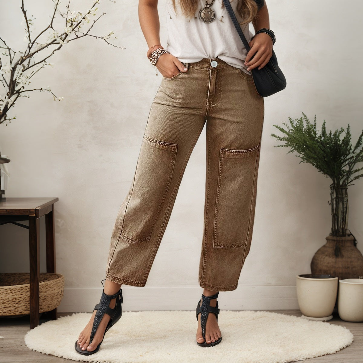 Jean velours côtelé femme taille haute – Coupe large & décontractée, Marron foncé