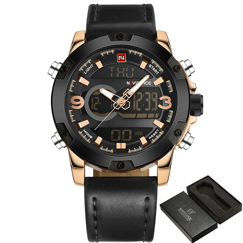 Naviforce Herrenuhr Ana-Digi Quarz — Lederarmband, Alarm, Chronograph, 46,5 mm