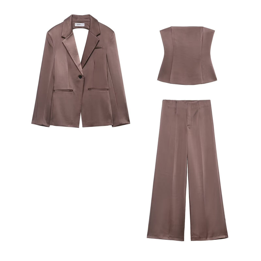 Ensemble tailleur femme 3 pièces taupe – Blazer, bustier et pantalon large