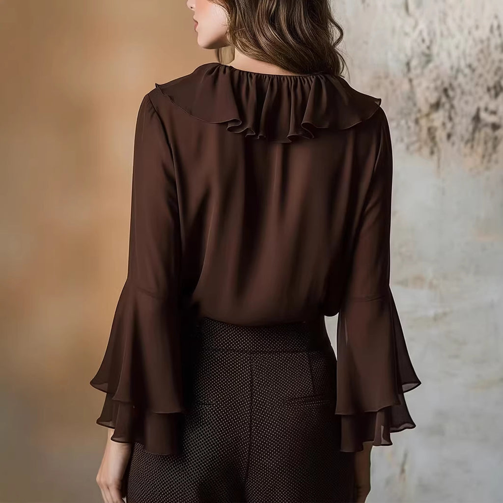 Blouse femme à volants, col V et manches longues
