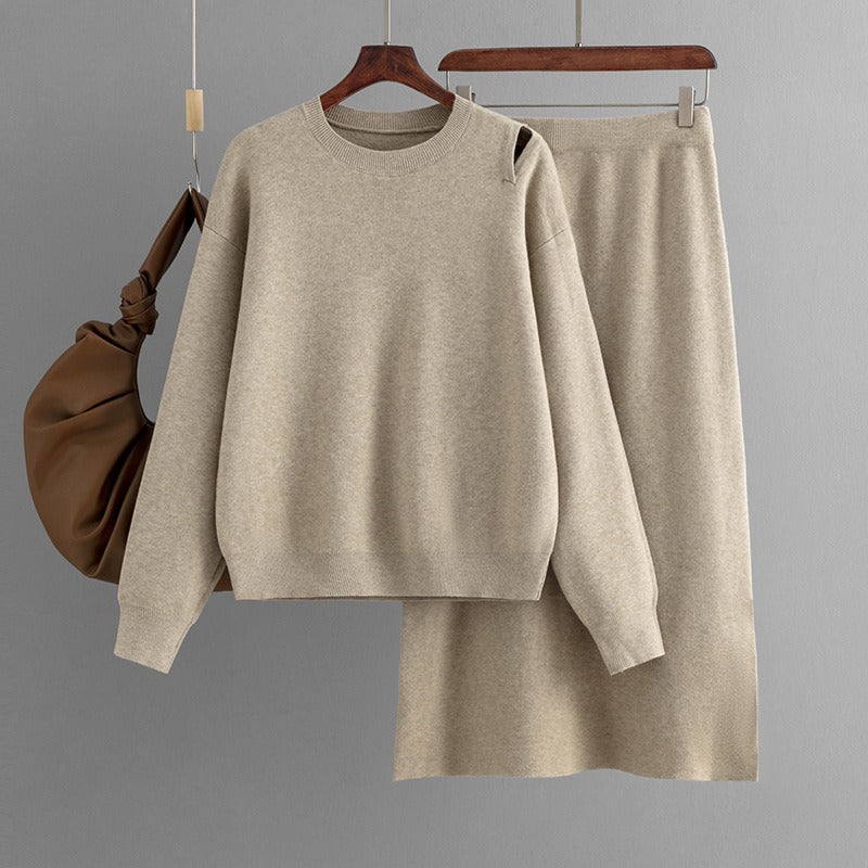 Ensemble femme en maille – Pull et jupe midi fendue