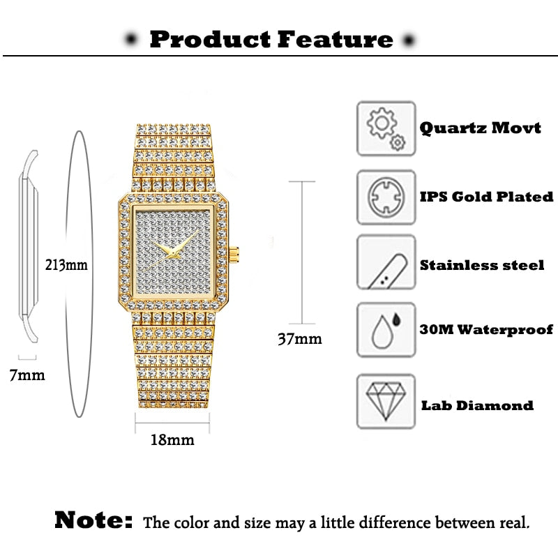 Montre Femme MISSFOX Carrée Diamants – Finition Dorée, Quartz Luxe