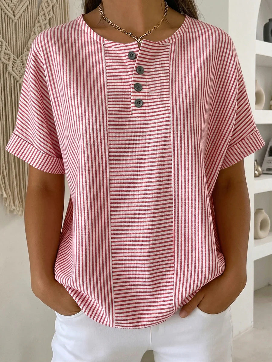 T-shirt femme rayé à manches courtes et col boutonné