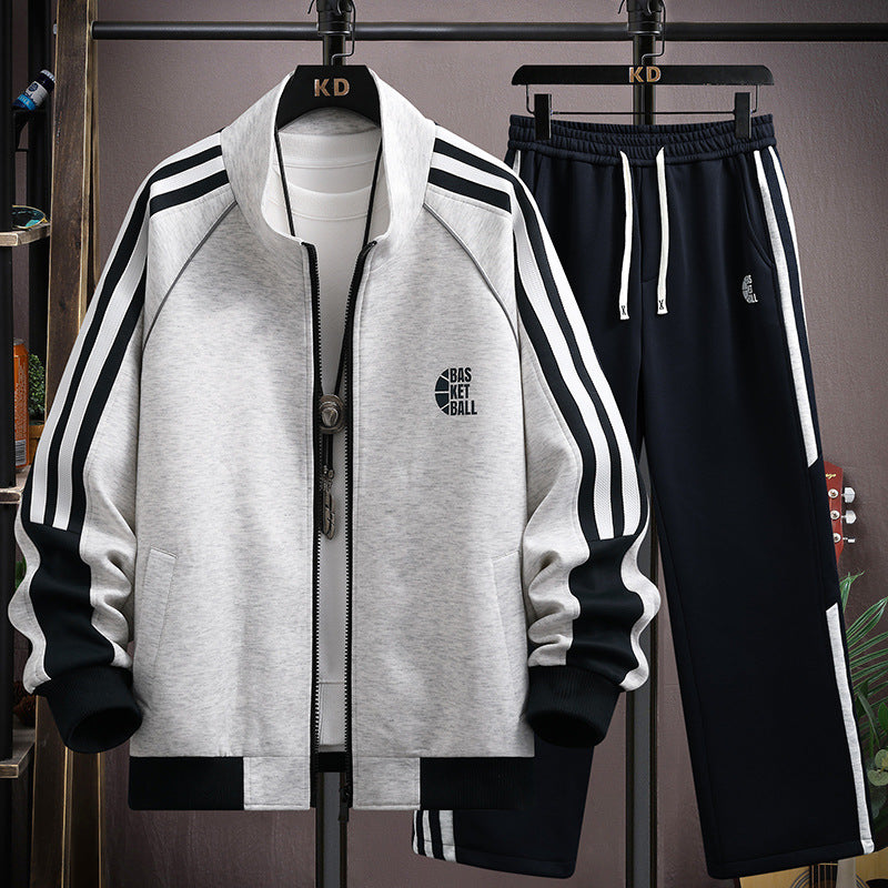 Ensemble homme veste zippée à col montant et pantalon à bandes