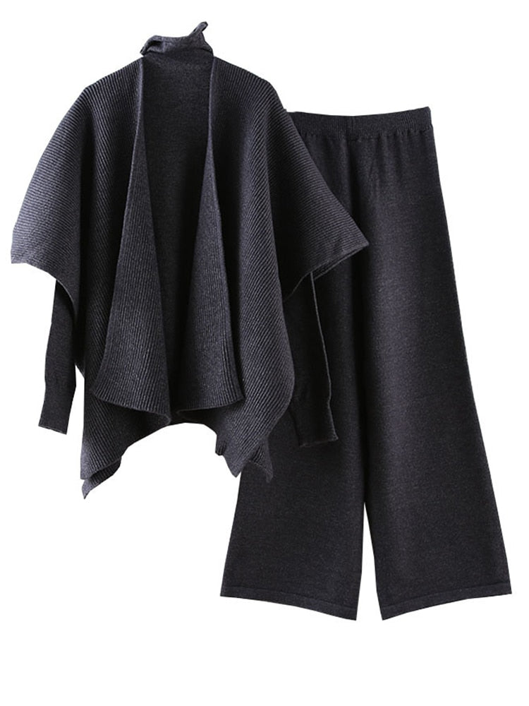 Ensemble femme en maille 3 pièces – Pull col roulé, châle et pantalon large