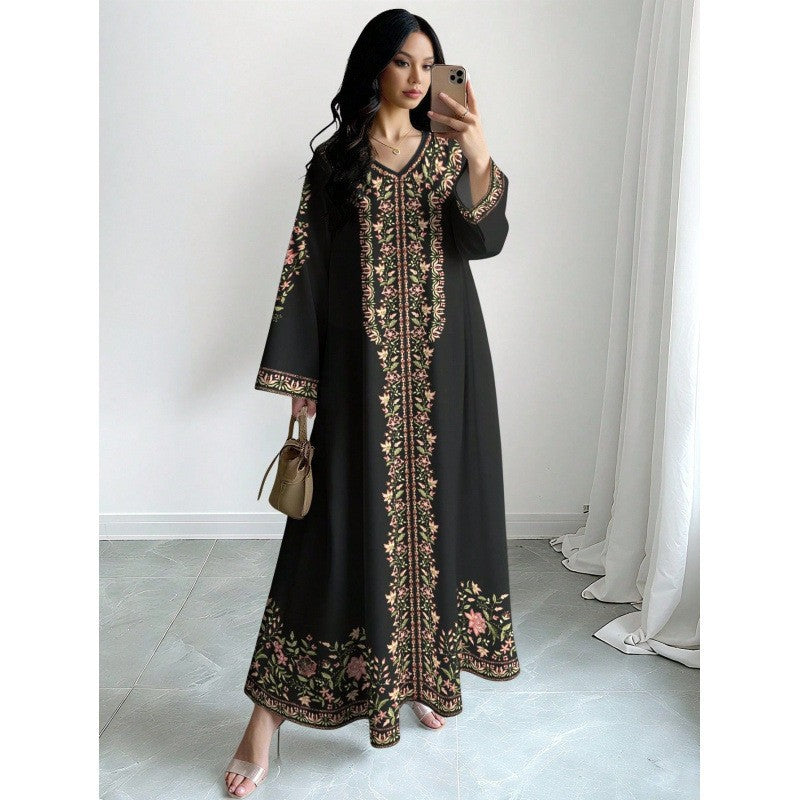 Robe longue fleurie à col V et manches longues