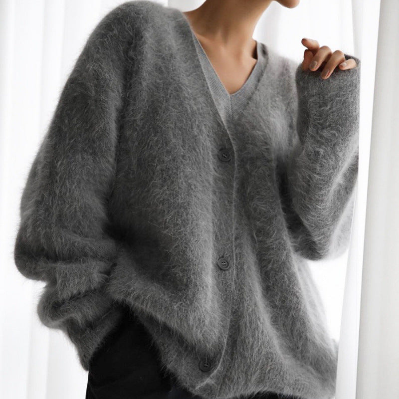 Damen-Cardigan mit V-Ausschnitt, Webpelz in Nerzoptik, locker geschnitten, 6 Farben