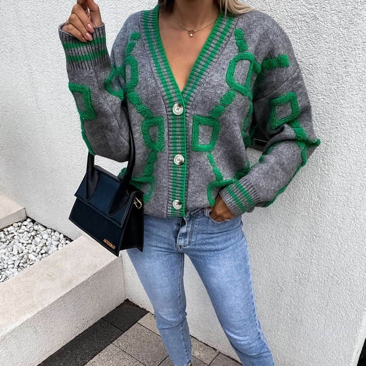 Damen-Strickjacke mit V-Ausschnitt, Color-Block, Buchstaben, geknöpft, casual