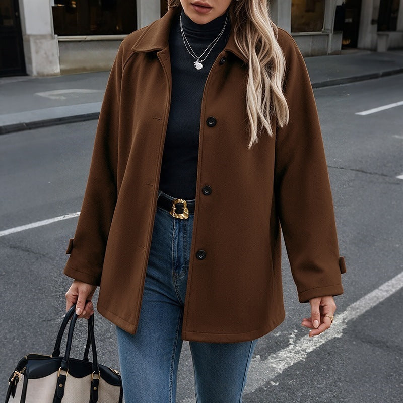 Veste mi-longue à col rabattu et boucle couleur unie femme