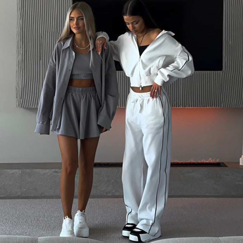 Zweiteiliges Damen-Set – Kapuzenjacke mit Reißverschluss und Hose mit Kordelzug