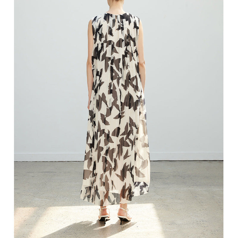 Robe longue plissée haut de gamme sans manches à imprimé graphique noir et écru