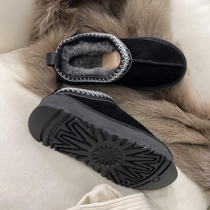 Chaussures Fourrées Femme Style Ethnique Tressé – Cuir, Laine, Slip-On, Hiver
