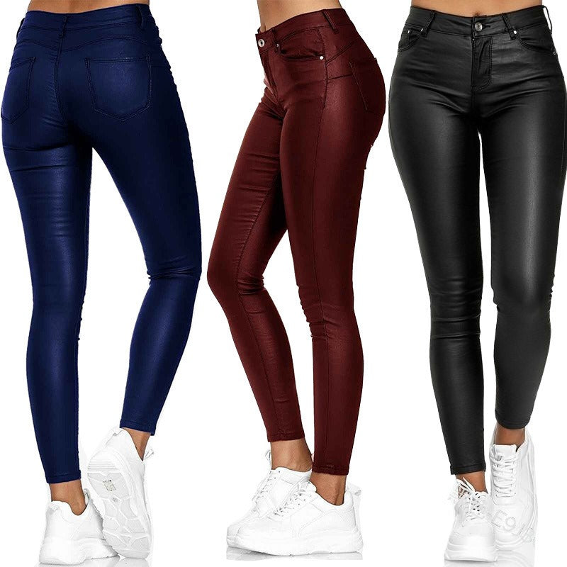 Pantalon en simili cuir femme taille haute – Coupe slim, style casual automne/hiver
