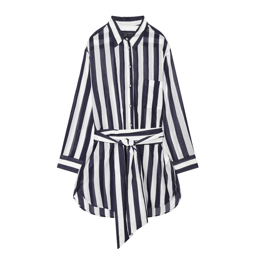 Chemise longue femme à rayures et ceinture à nouer
