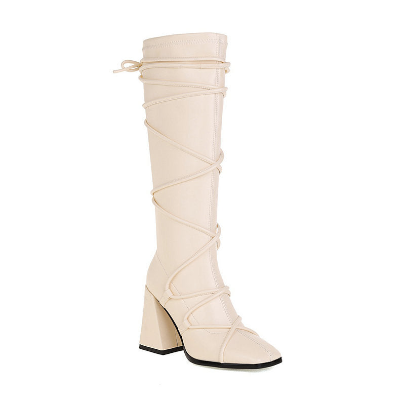 Bottes Cuissardes Talon Épais Femme – Style Punk Bout Carré Hiver