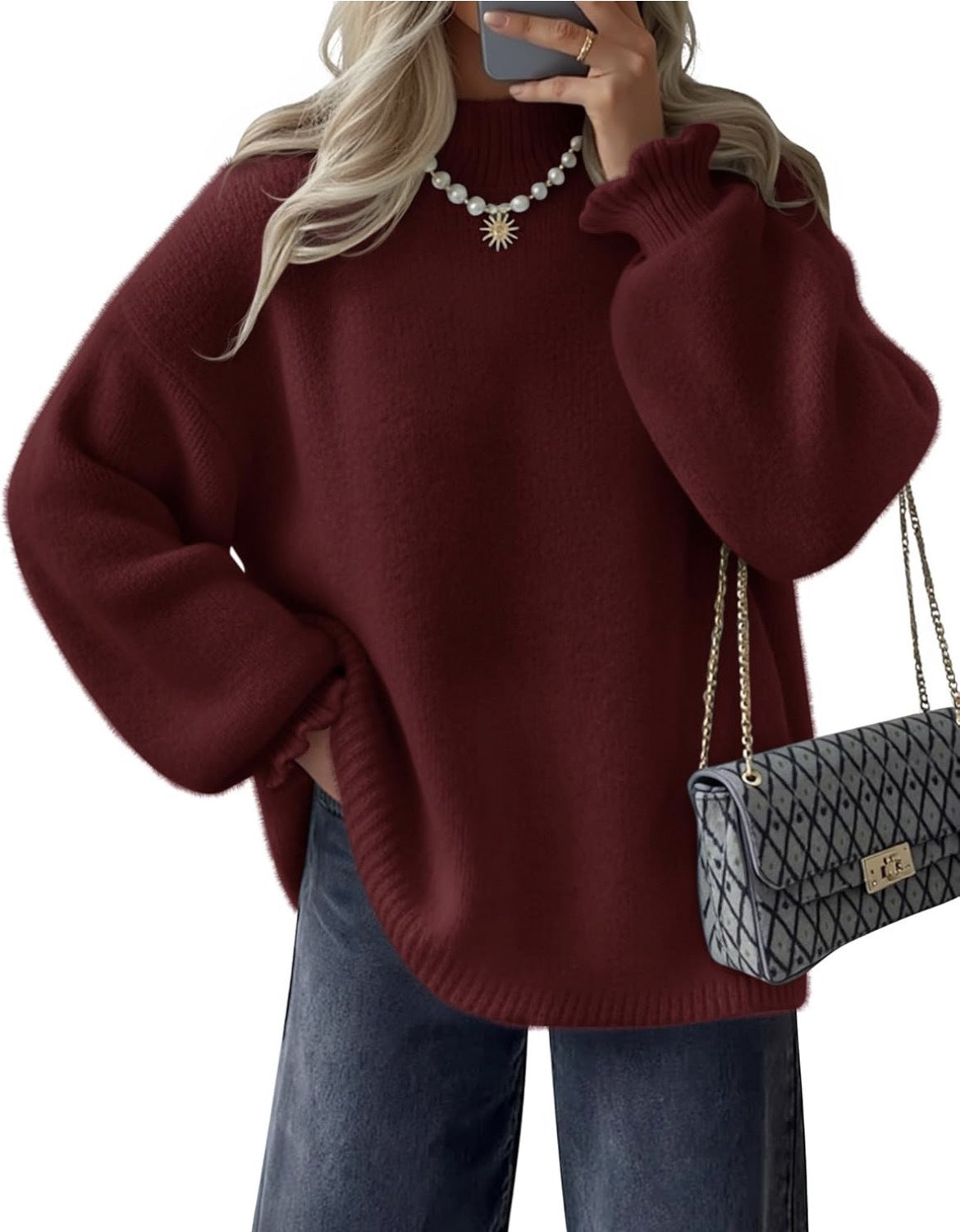Einfarbiger Damen-Rollkragenpullover im lässigen Stil – lange Ärmel.