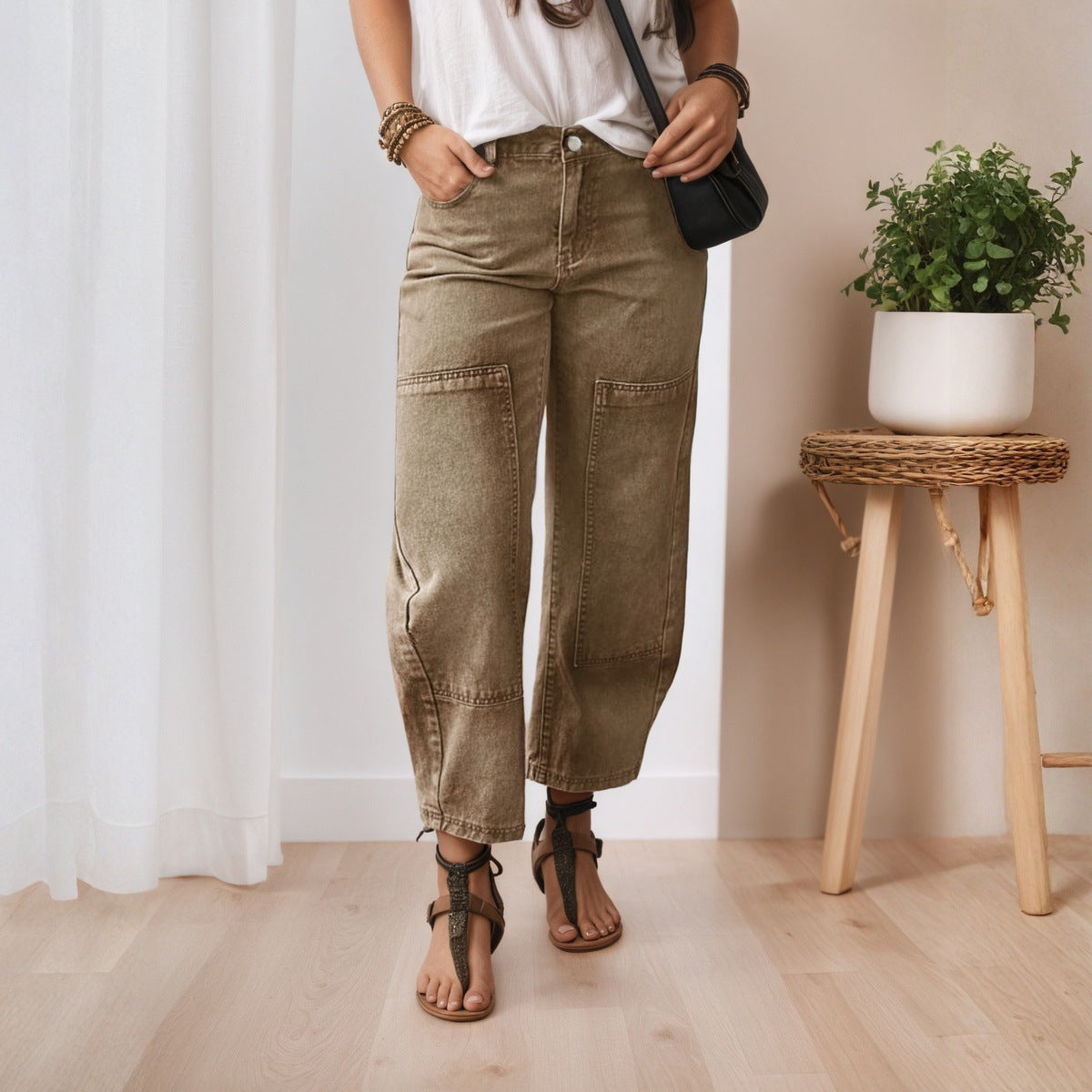 Jean velours côtelé femme taille haute – Coupe large & décontractée, Marron foncé