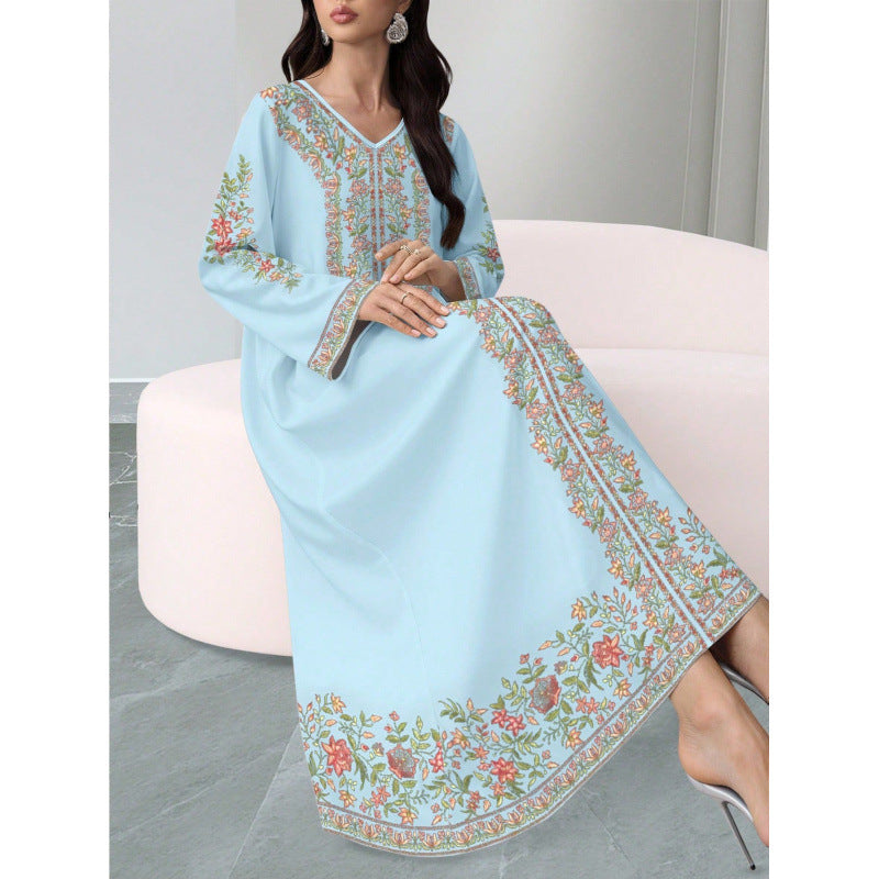 Robe longue fleurie à col V et manches longues