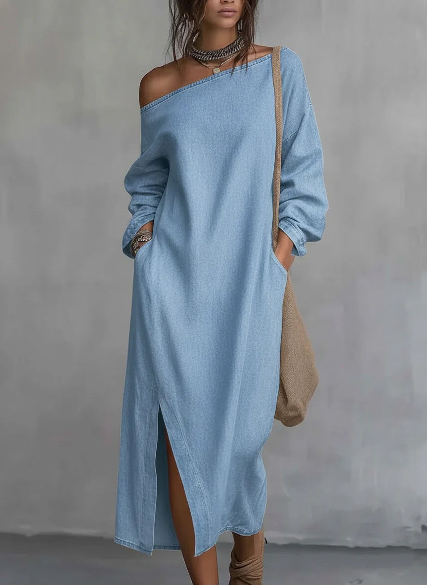 Robe longue asymétrique à manches longues et boutons