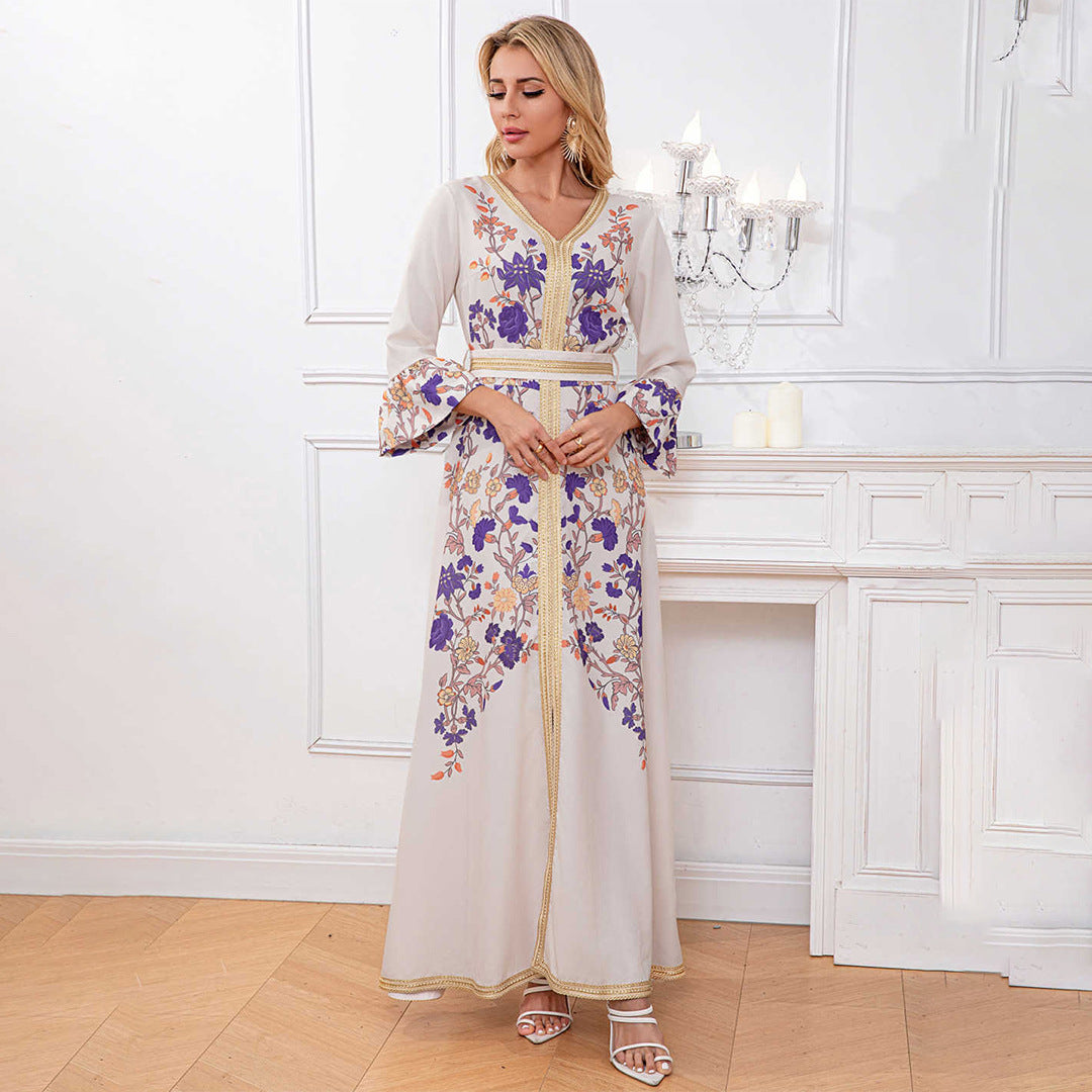 Robe longue imprimée à manches évasées trois-quarts