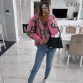 Damen-Strickjacke mit V-Ausschnitt, Color-Block, Buchstaben, geknöpft, casual