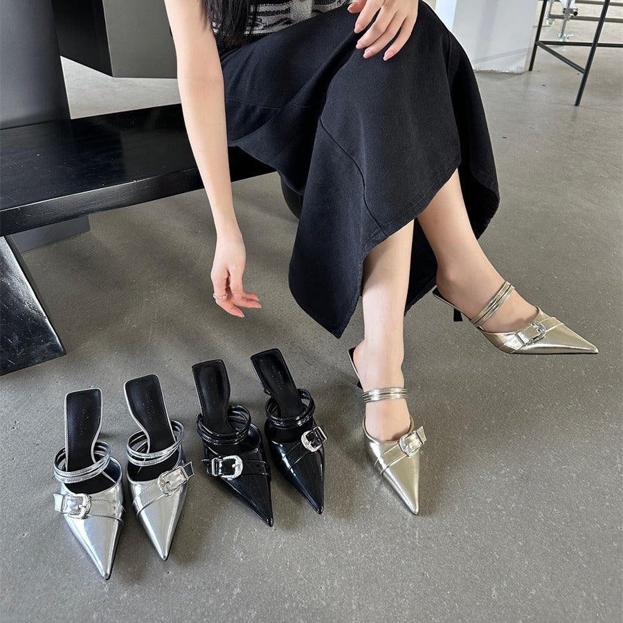 Damen-Mules mit spitzer Kappe und Stilettoabsatz — Französischer Stil, Schnallenverschluss, Größen 35–39