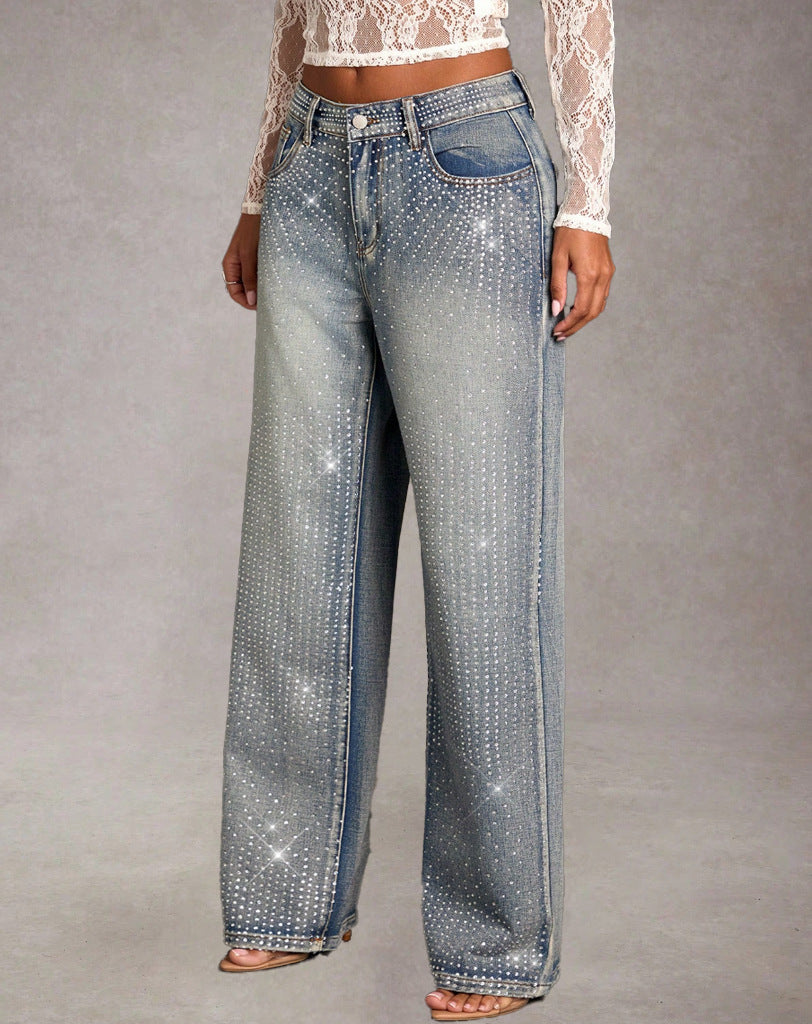 Jean droit long femme – Élégant & Fashion, Mi-taille stretch avec strass