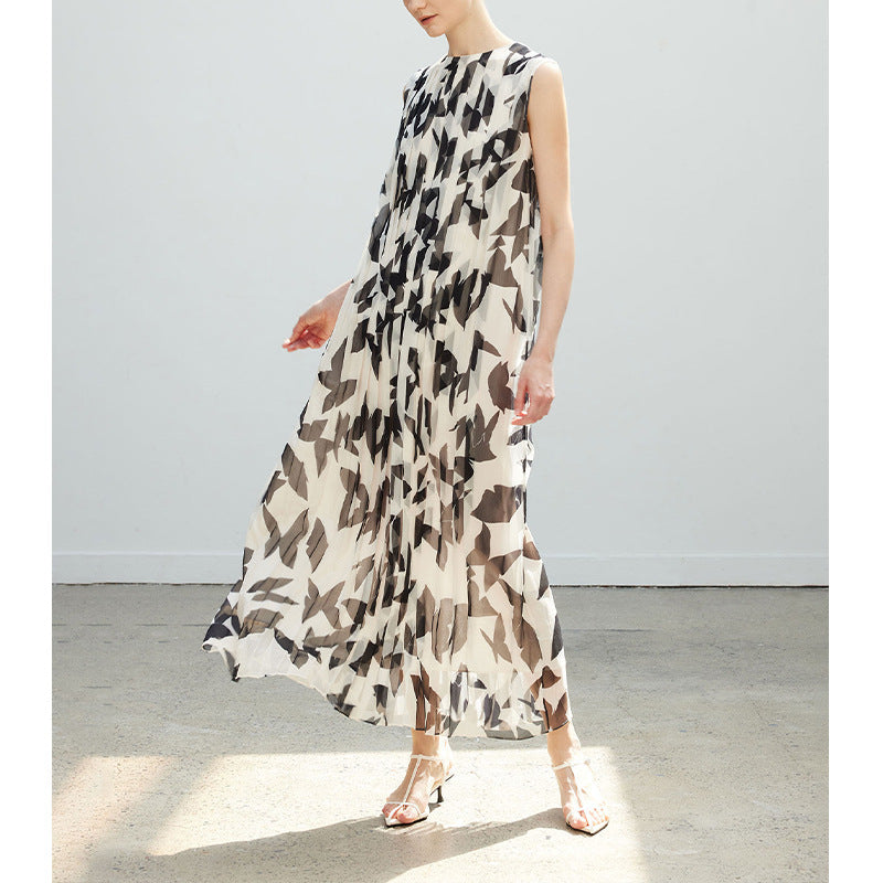 Robe longue plissée haut de gamme sans manches à imprimé graphique noir et écru