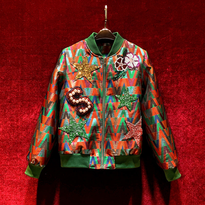 Bomber femme multicolore en jacquard à écussons fantaisie