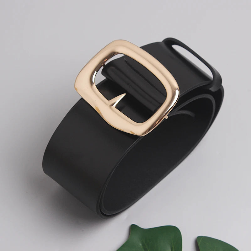 Ceinture large noire femme en croûte de cuir – Boucle dorée