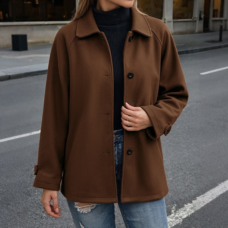 Veste mi-longue à col rabattu et boucle couleur unie femme