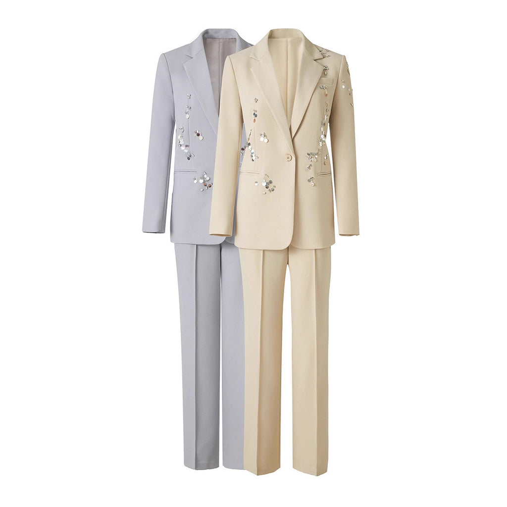 Tailleur pantalon femme à ornements brillants – Ensemble deux pièces