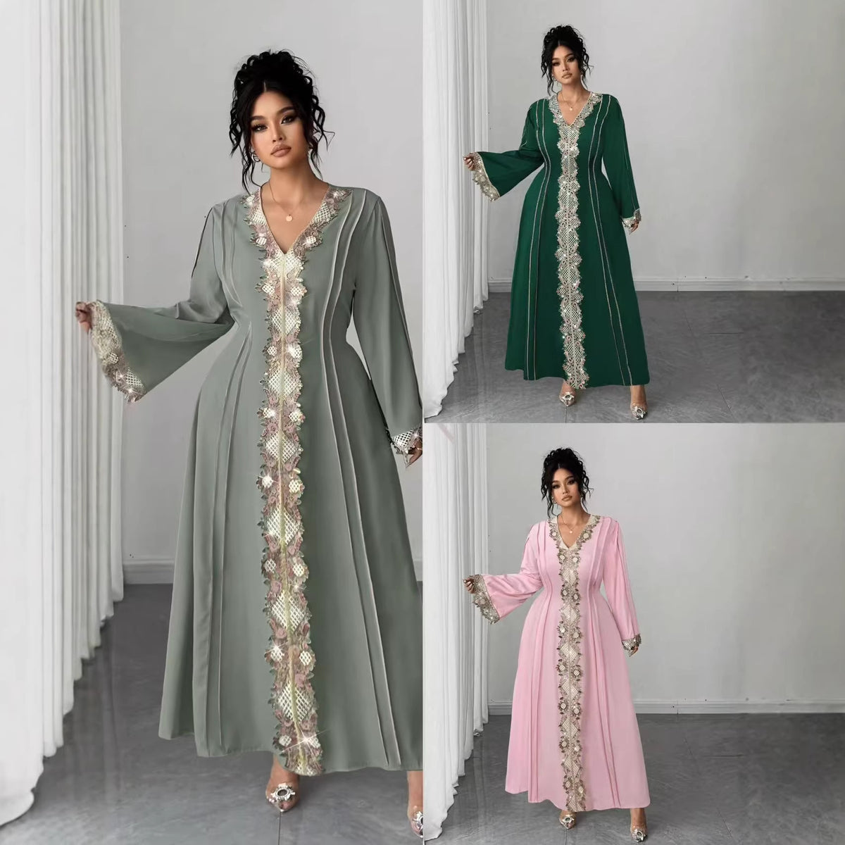 Robe longue grande taille en dentelle brodée à col V