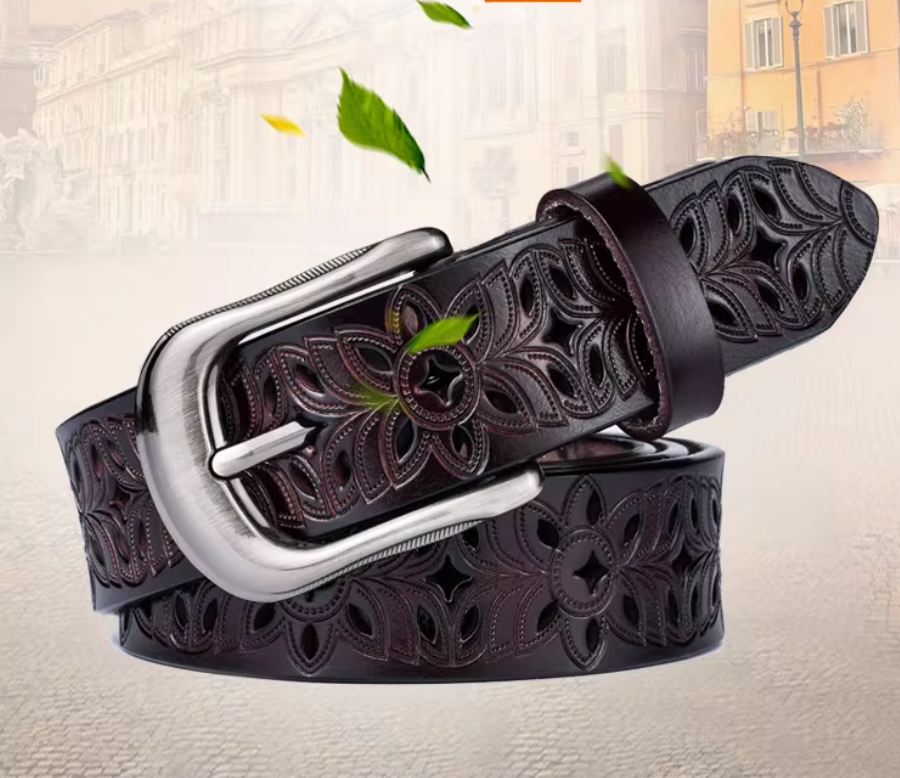 Ceinture femme en cuir ajouré à motifs floraux