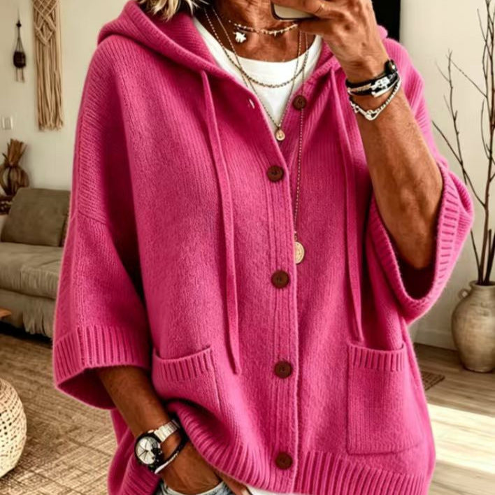Einfarbige Damen-Kapuzenstrickjacke – Große Größen & 9 Farben