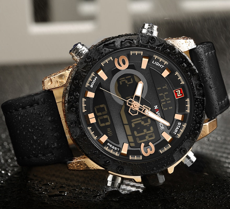 Naviforce Herrenuhr Ana-Digi Quarz — Lederarmband, Alarm, Chronograph, 46,5 mm