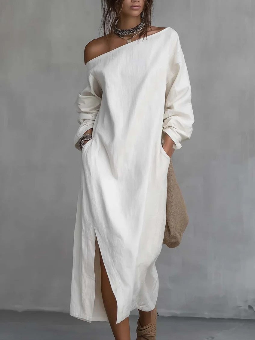 Robe longue asymétrique à manches longues et boutons