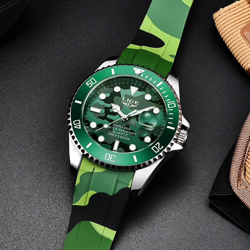 Montre Homme LIGE Quartz – Bracelet Silicone Camouflage Étanche 30M
