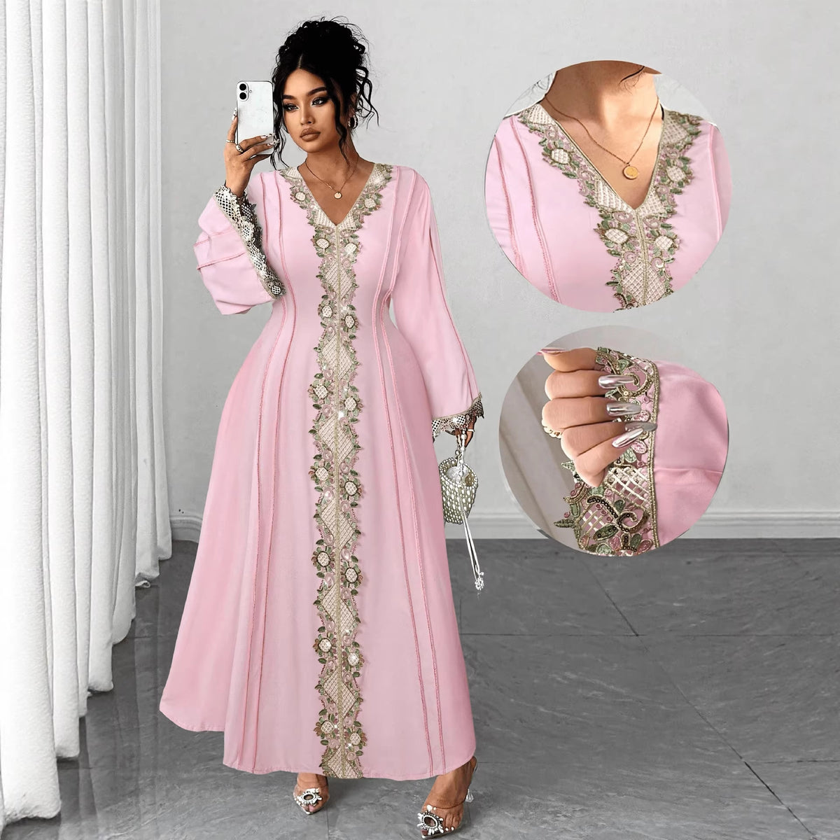 Robe longue grande taille en dentelle brodée à col V