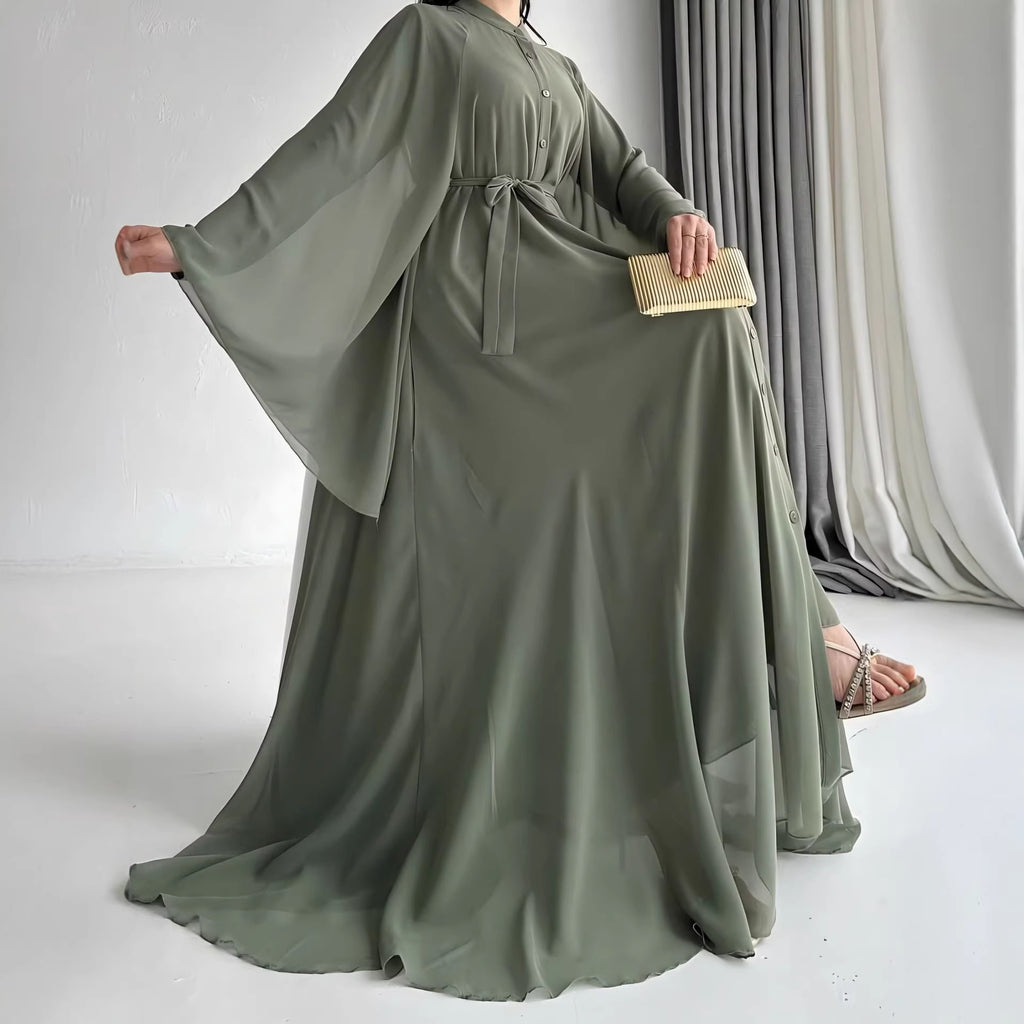 Robe longue verte en mousseline à manches longues et ceinture